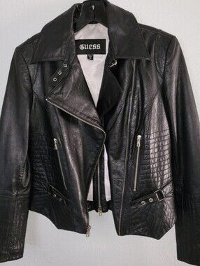 GUESS Black 100% Leather UNIQUE Moto Jacket